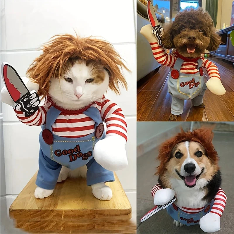 Costume d’Halloween pour chien et chat avec perruque rousse, manches rayées et salopette bleue, présenté sur plusieurs animaux
