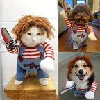 Costume d’Halloween pour chien et chat avec perruque rousse, manches rayées et salopette bleue, présenté sur plusieurs animaux