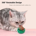 Chat gris reniflant une balle à l’herbe à chat sur support vert, avec une flèche indiquant sa rotation à 360°.