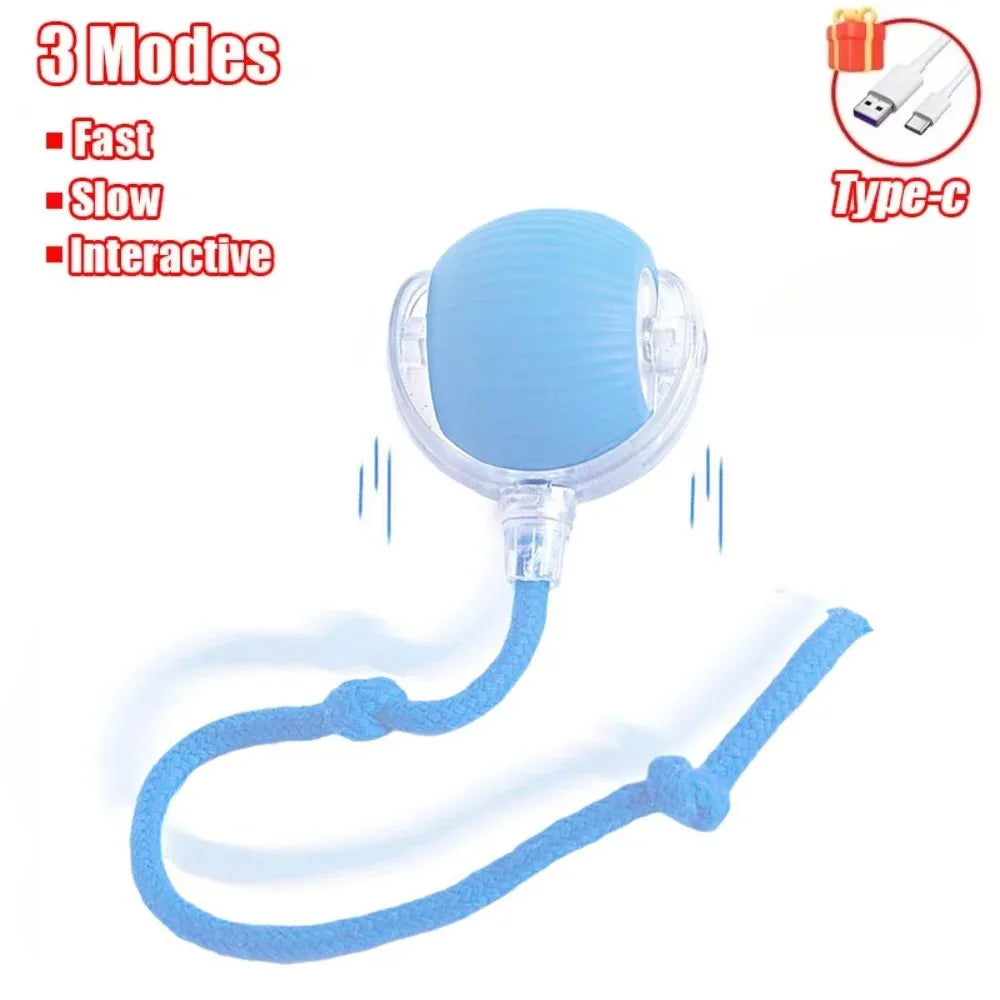 Ballon roulant interactif pour chat couleur bleu clair – 3 modes de vitesse avec queue en corde
