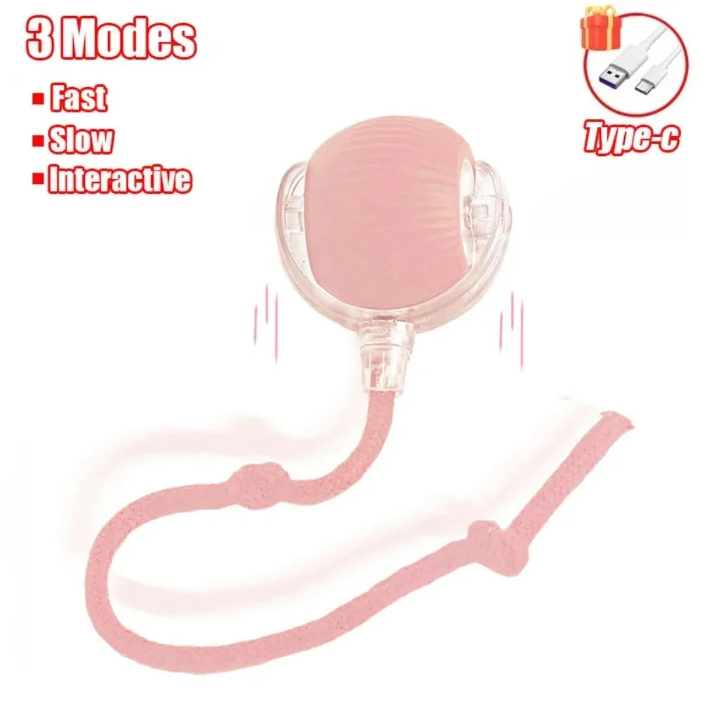 Ballon roulant interactif pour chat couleur rose – 3 modes de vitesse avec queue en corde et charge Type-C
