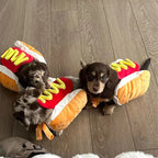 Chiots teckels portant le costume hot-dog rigolo pour chien – idéal pour fêtes et Halloween