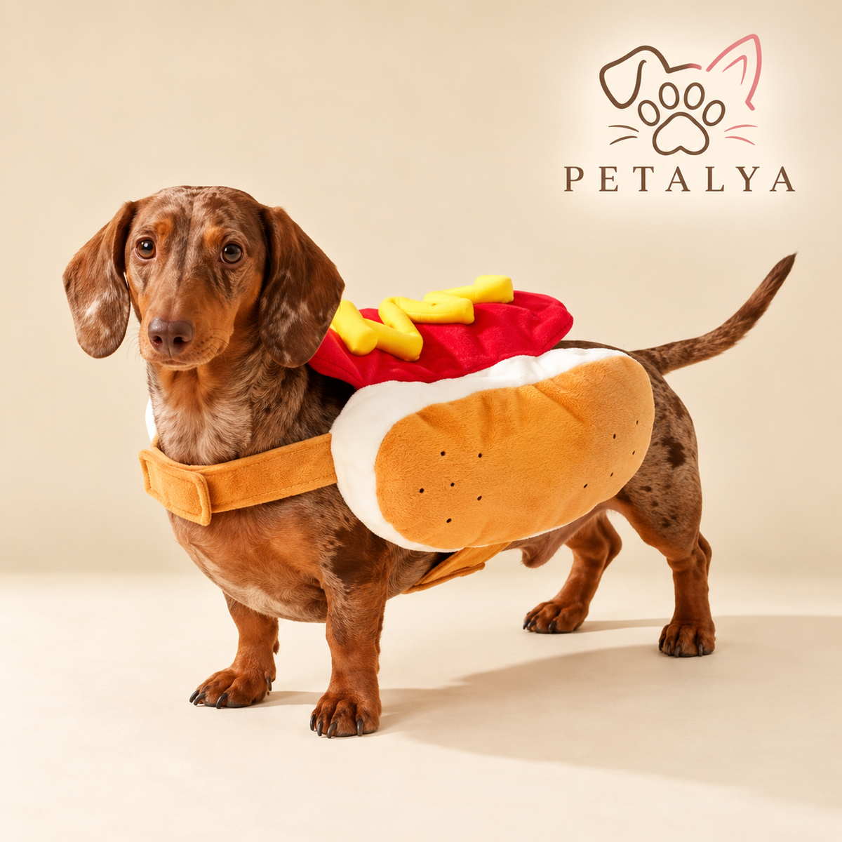 Costume hot-dog rigolo pour chien – teckel portant un déguisement hot-dog avec frites