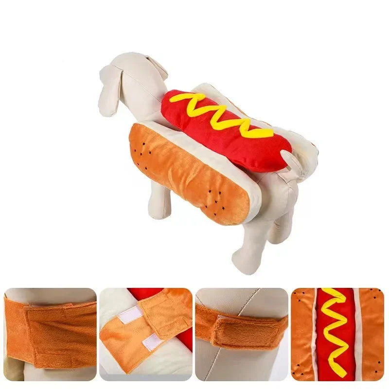 Détail du costume hot-dog pour chien – attaches velcro réglables, matière douce et résistante