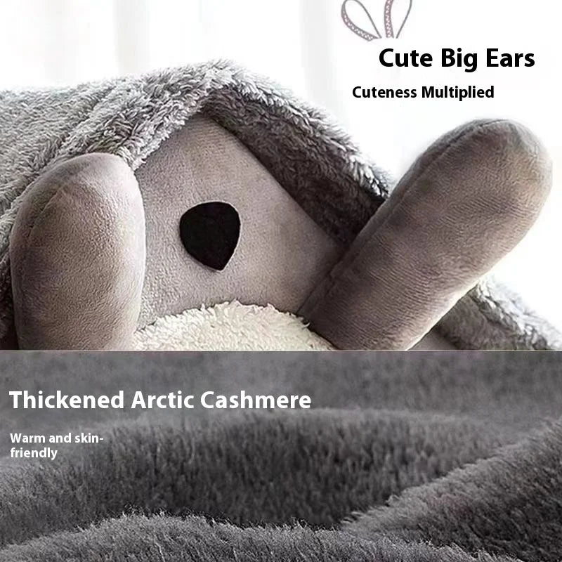 Détail matière cachemire arctique épaissi et grandes oreilles décoratives – maison-lit chien chat grise