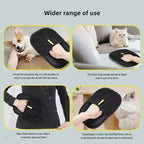 Montage montrant le gant anti-poils utilisé sur un chien, un canapé, un vêtement noir et un accessoire pour chat.