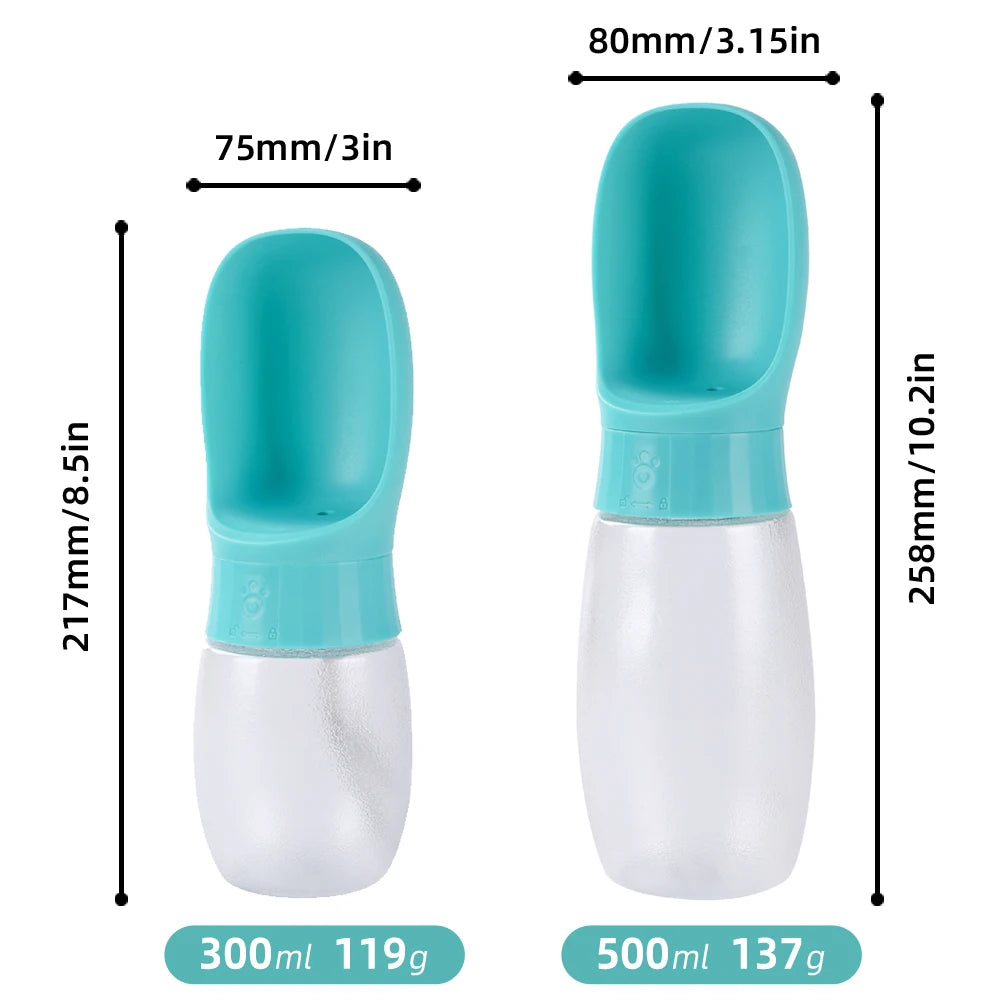 Gourde portable pour chien 300ml et 500ml – dimensions détaillées, coloris turquoise