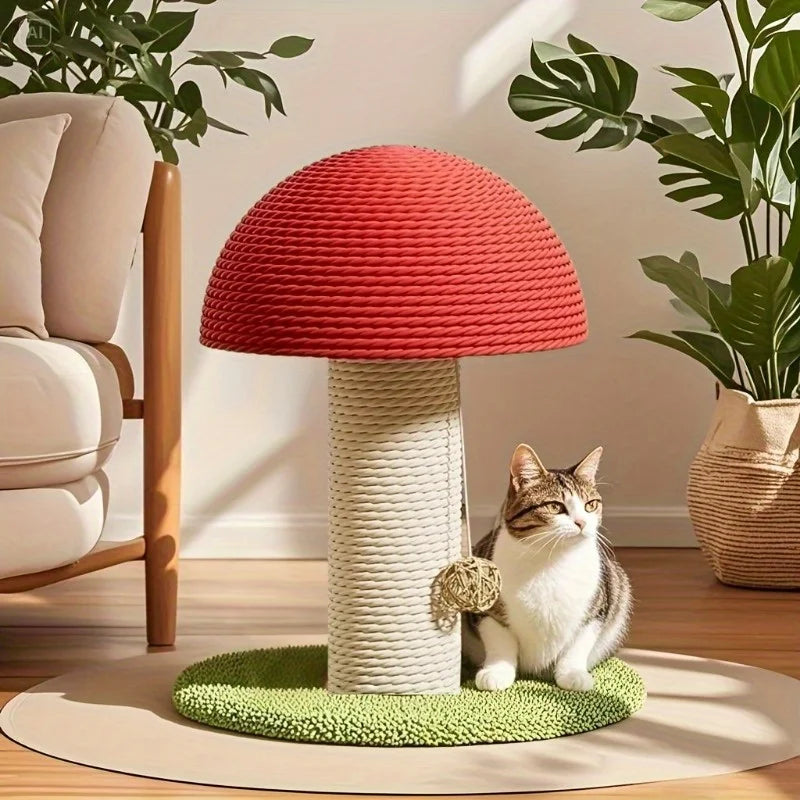 Griffoir champignon rouge en sisal avec boule de jute – chat assis à côté, décor intérieur
