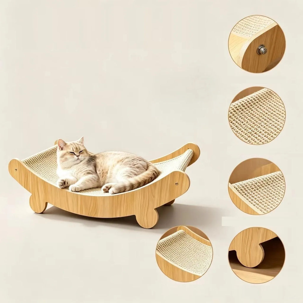 Griffoir en bois pour chat avec surface sisal – chat allongé et détails assemblage vissé