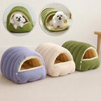 Grotte douillette pour chat et petit chien – disponible en 3 coloris (mauve, beige, vert) avec intérieur en polaire beige