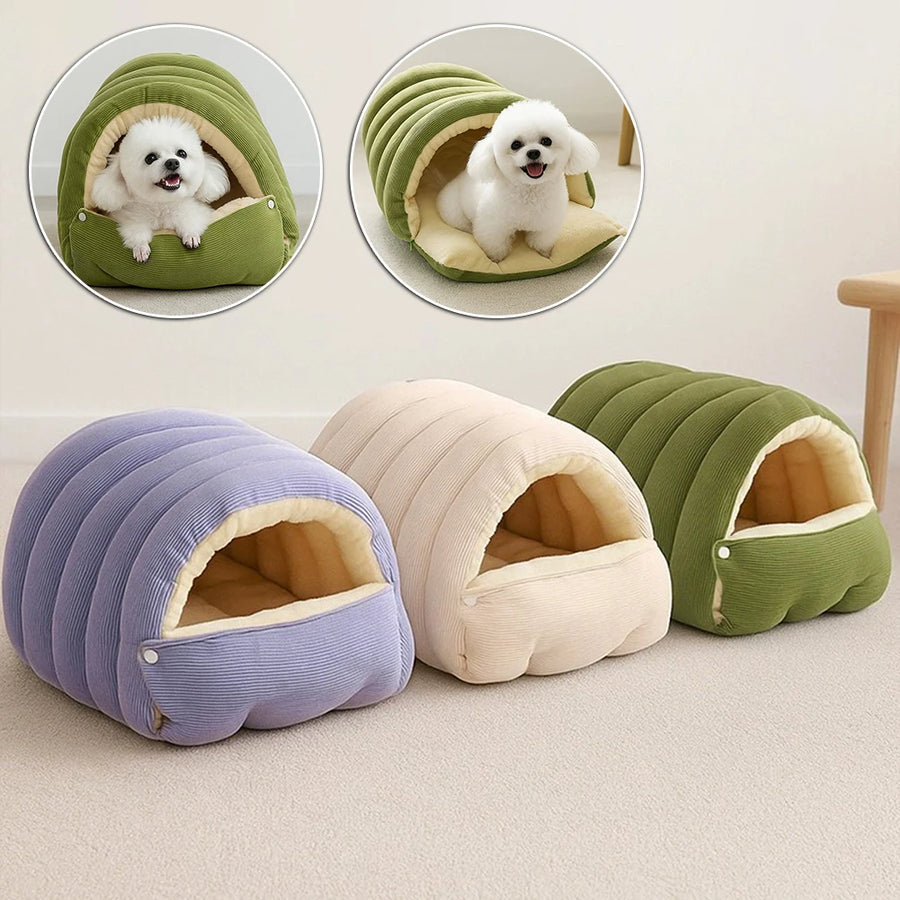 Grotte douillette pour chat et petit chien – disponible en 3 coloris (mauve, beige, vert) avec intérieur en polaire beige