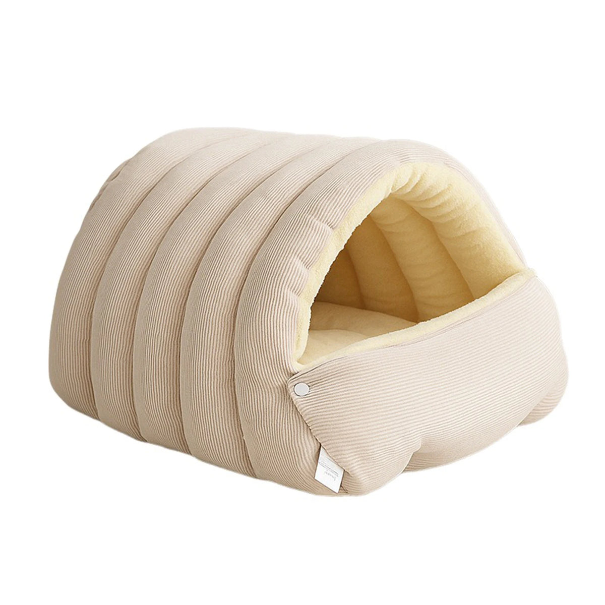 Grotte pour chat et chien couleur beige – vue de face avec ouverture et intérieur en polaire crème