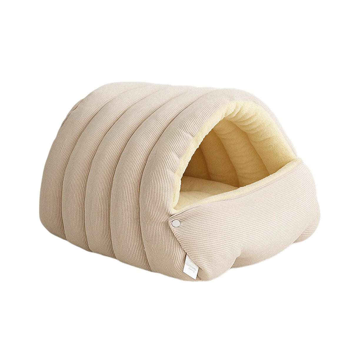 Grotte pour chat et chien couleur beige – intérieur crème, vue de côté avec étiquette de composition