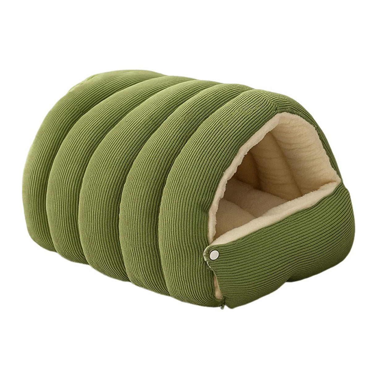 Grotte pour chat et chien couleur verte – intérieur en polaire beige, forme arrondie et compacte
