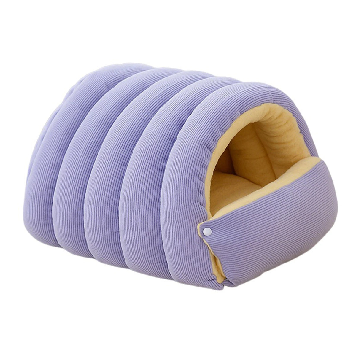 Grotte pour chat et chien couleur mauve – vue de face avec ouverture et intérieur en polaire jaune doux