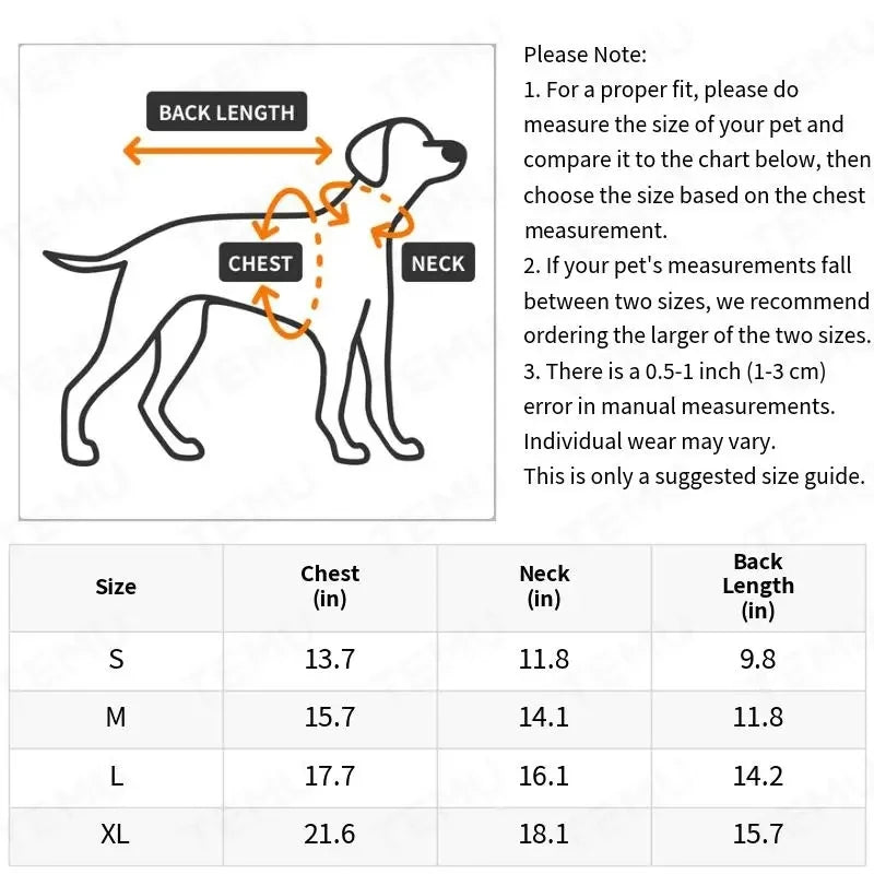 Guide des tailles du costume pour chien avec mesures du tour de poitrine, du cou et de la longueur du dos