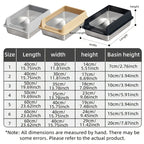 Guide des dimensions des sept formats de bac à litière en inox, de 40 × 30 × 14 à 60 × 40 × 29 cm.