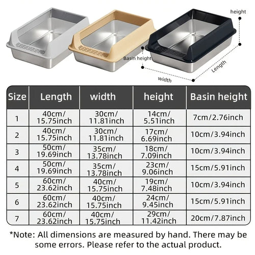 Guide des dimensions des sept formats de bac à litière en inox, de 40 × 30 × 14 à 60 × 40 × 29 cm.
