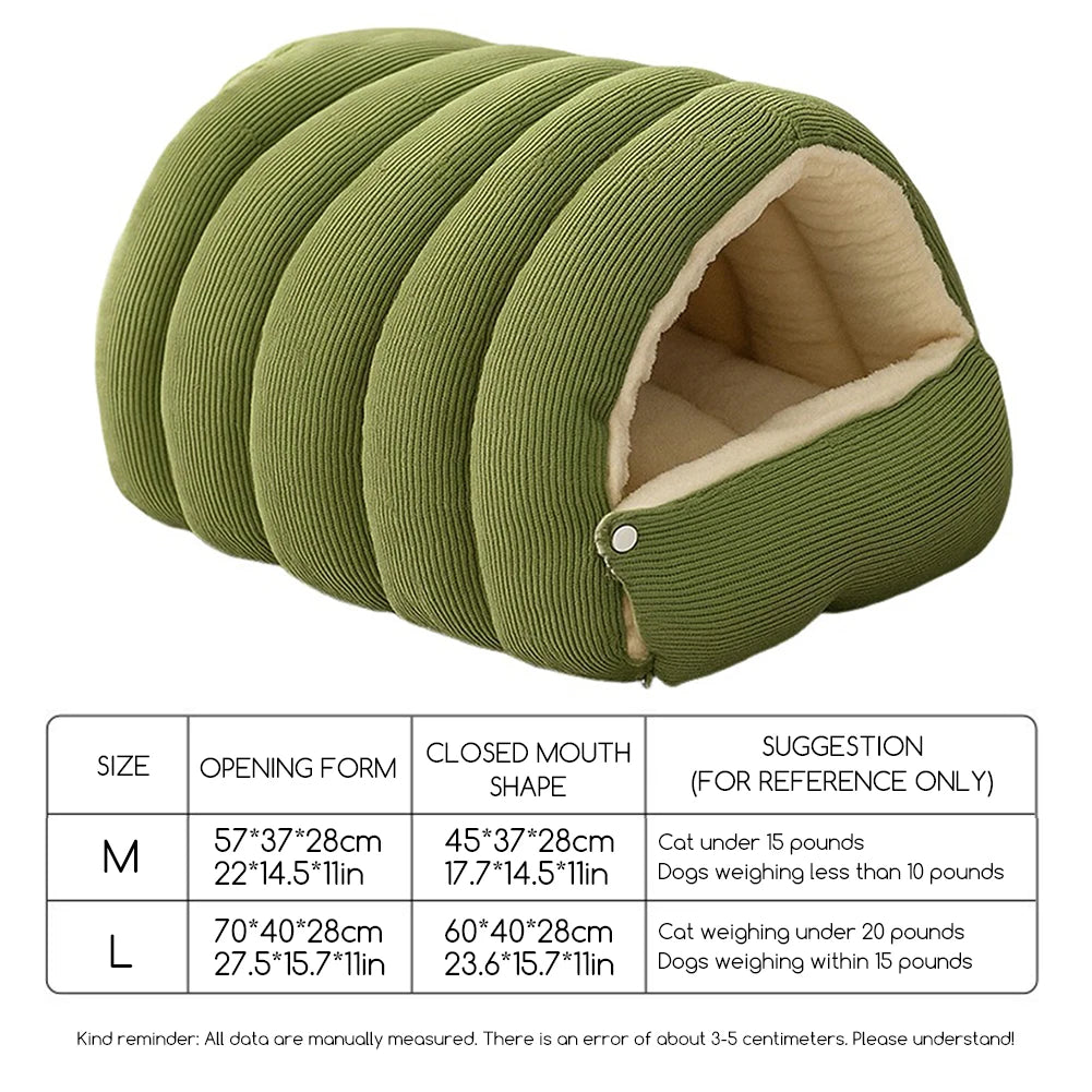 Guide des tailles de la grotte pour animaux – taille M (57x37x28cm) et L (70x40x28cm) en corduroi vert