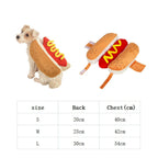 Guide des tailles du costume hot-dog pour chien – S (dos 20cm, poitrine 40cm), M (25cm, 42cm), L (30cm, 54cm)