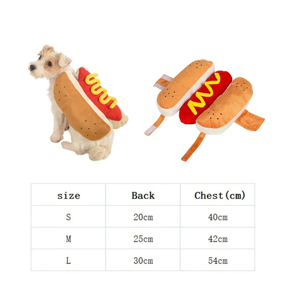 Guide des tailles du costume hot-dog pour chien – S (dos 20cm, poitrine 40cm), M (25cm, 42cm), L (30cm, 54cm)