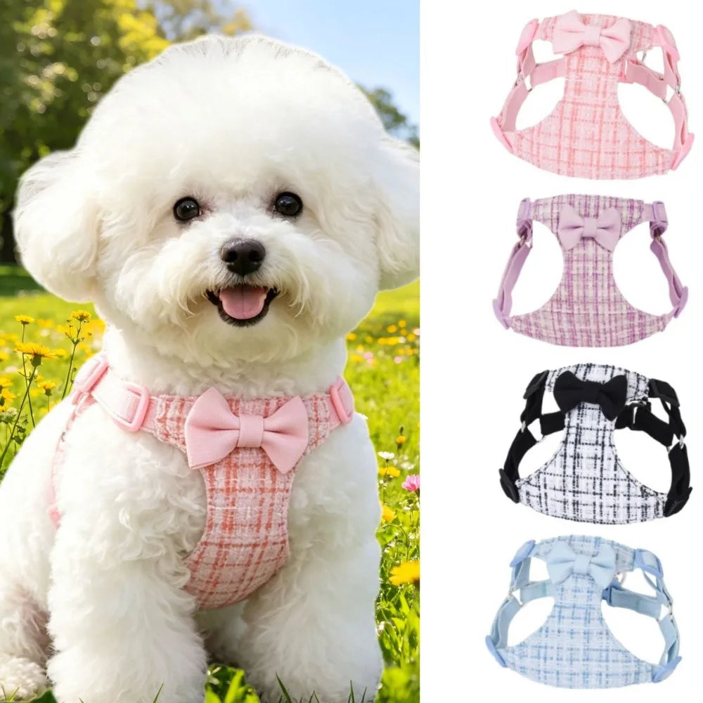 Harnais à nœud chat et petit chien coton lin ajustable – 4 coloris rose, violet, noir, bleu ciel