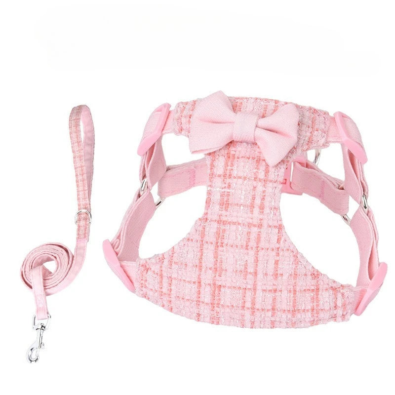 Harnais à nœud rose et laisse assortie pour chat et petit chien – coton lin, boucle argent

