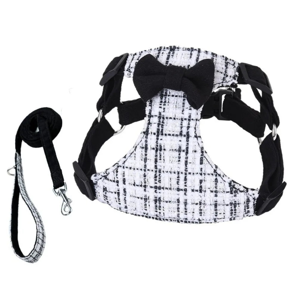Harnais à nœud noir et blanc et laisse assortie pour chat et petit chien – coton lin motif tweed