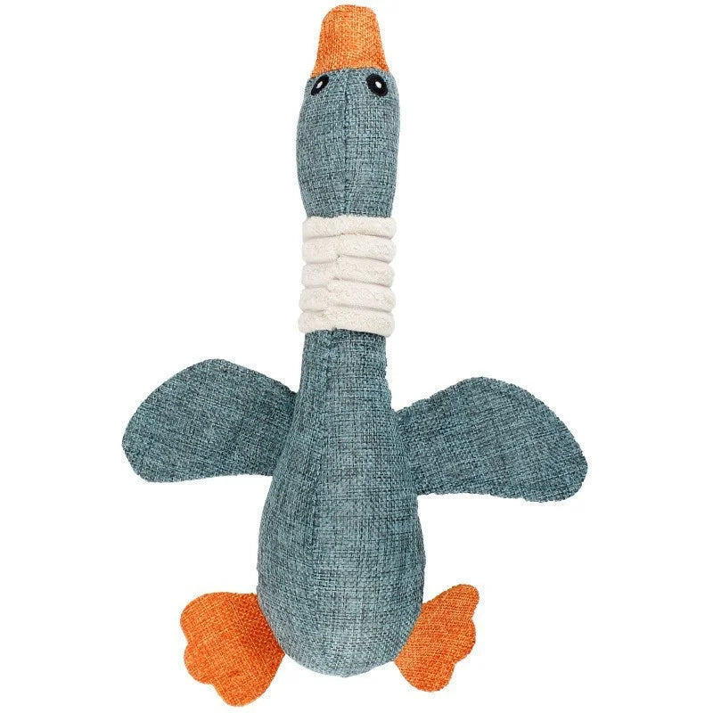 Jouet canard en tissu lin gris pour chien – forme longue avec cou à corde, fond blanc