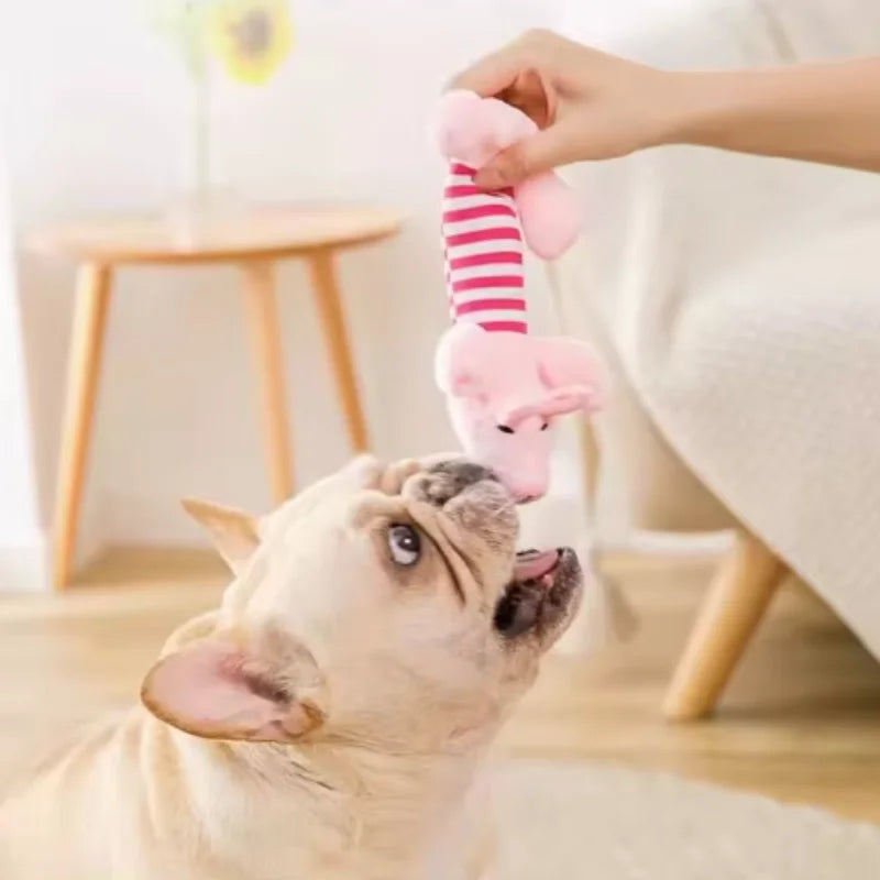 Jouet en peluche anti-mordant pour chien – cochon rose rayé tenu par une main