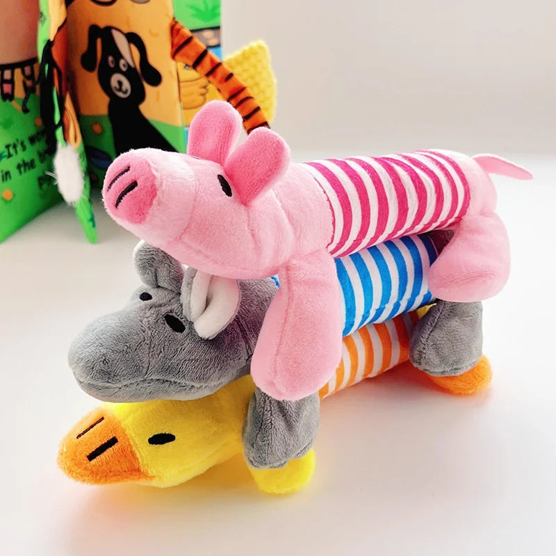 Lot de 3 jouets en peluche pour chien – cochon rose, éléphant gris et canard jaune rayés
