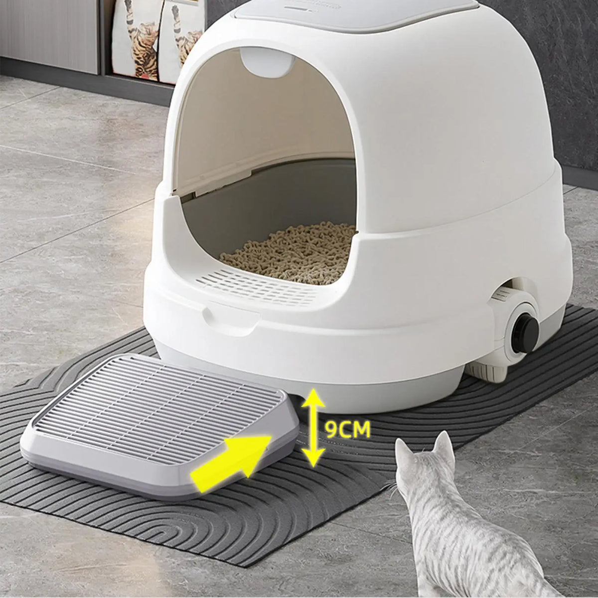 Marche inclinée placée devant une maison de toilette pour chat, avec indication de hauteur de 9 cm.