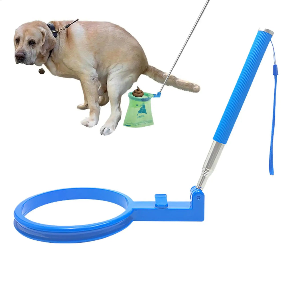 Ramasse-crottes télescopique pour chien bleu – utilisation avec sac hygiénique, manche extensible