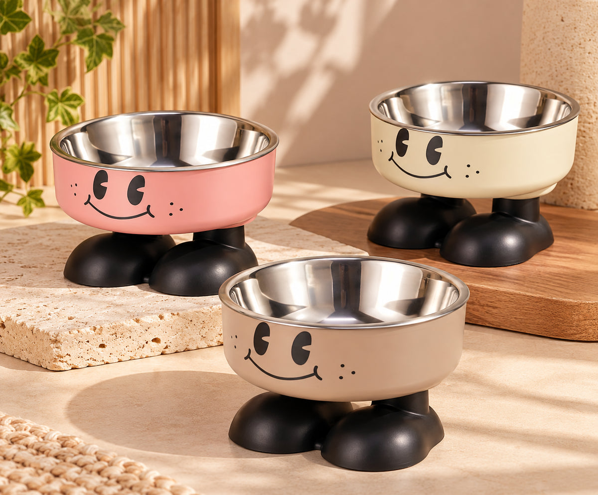 Gamelle surélevée pour chien et chat en inox avec support antidérapant rose et beige