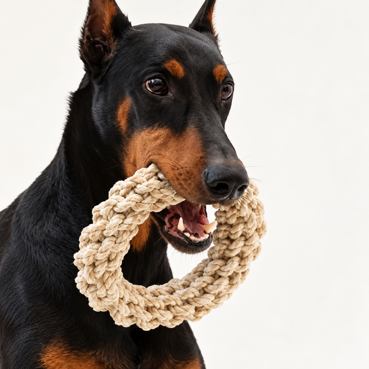 Doberman tenant un anneau de corde en lin naturel – Jouet résistant pour grand chien