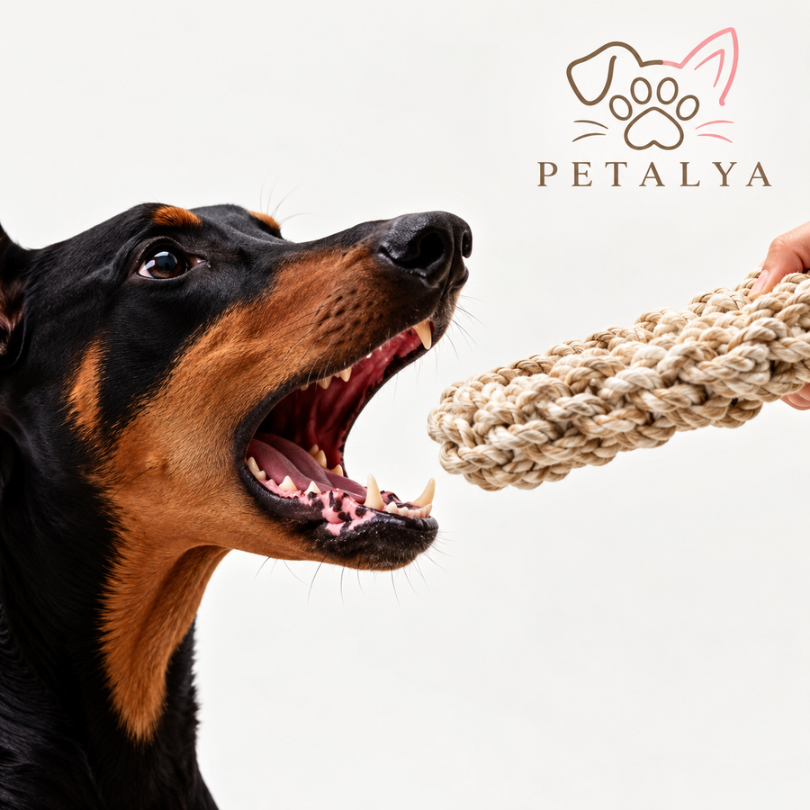 Doberman mordant un jouet corde résistant en lin – Jouet chien interaction Petalya