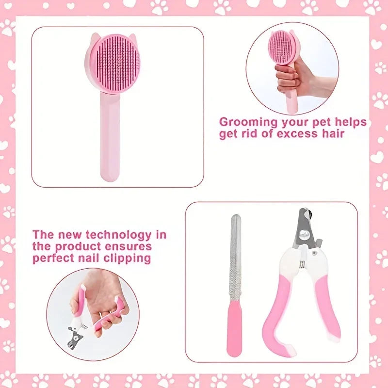 Brosse auto-nettoyante et coupe-ongles rose du kit toilettage chat chien – élimine les poils en excès