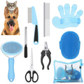 Kit toilettage chat 8 pièces bleu – brosse oreilles de chat, peigne anti-puces, coupe-ongles et brosses à dents