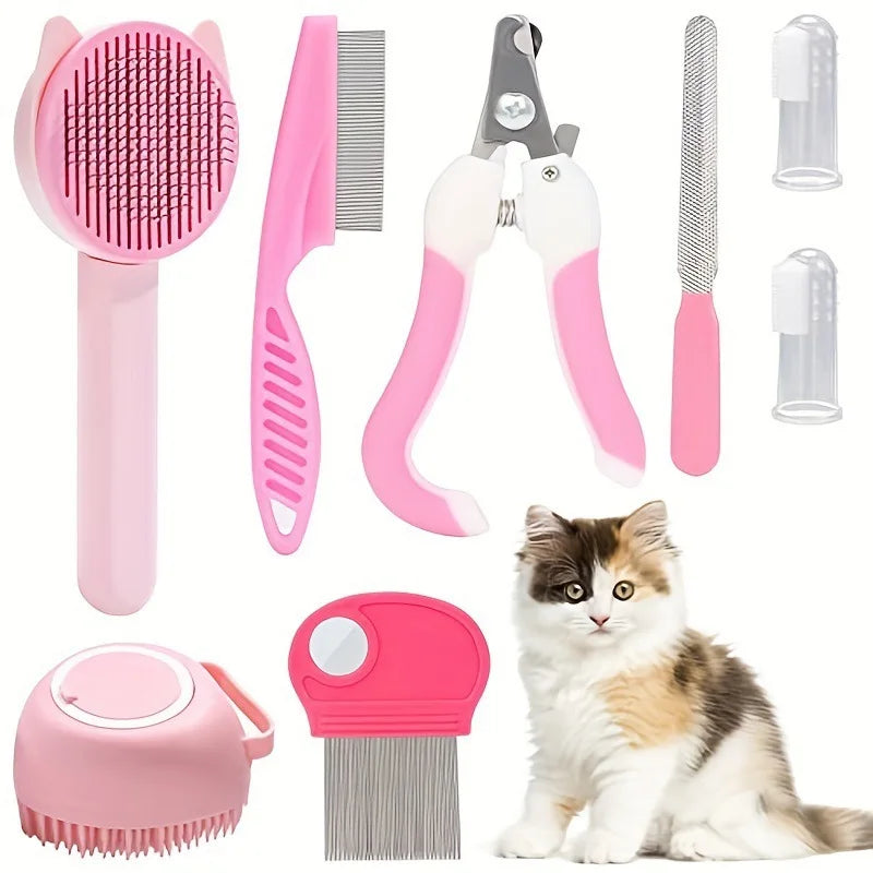 Kit toilettage chat 8 pièces rose – brosse oreilles de chat, peigne, coupe-ongles, lime et brosses à dents