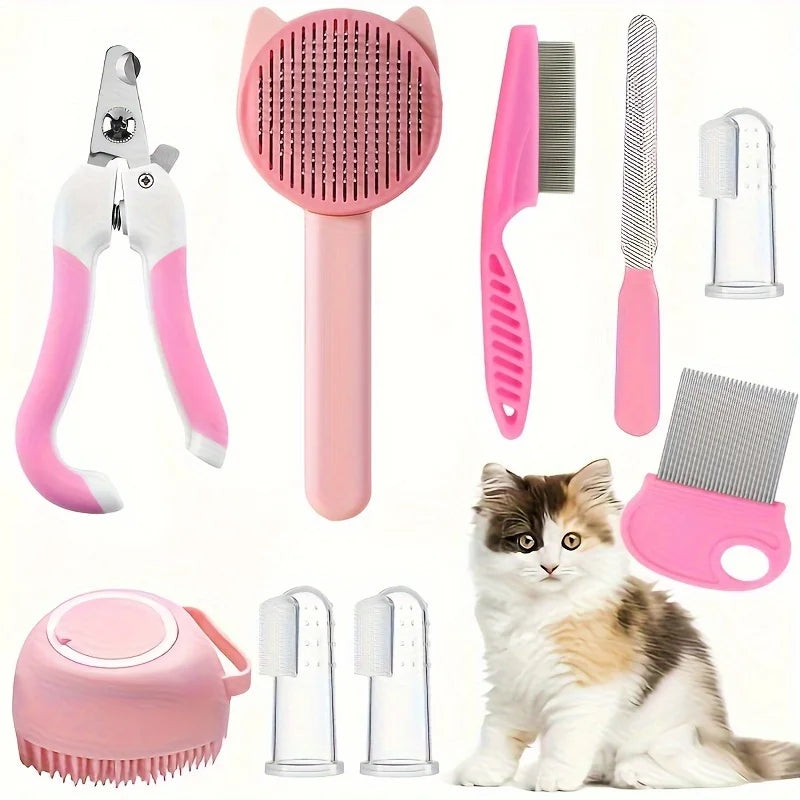 Kit toilettage chat et chien 8 pièces rose – brosse, peigne anti-puces, coupe-ongles, lime et brosses à dents