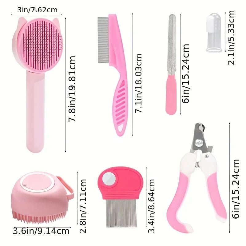 Vue détaillée des dimensions des outils du kit toilettage rose pour chat et chien