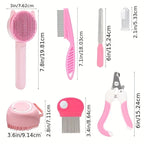 Vue détaillée des dimensions des outils du kit toilettage rose pour chat et chien