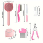 Dimensions des 7 outils du kit toilettage rose – brosse 19,8 cm, peigne 18 cm, coupe-ongles 15,2 cm