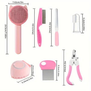 Dimensions des 7 outils du kit toilettage rose – brosse 19,8 cm, peigne 18 cm, coupe-ongles 15,2 cm