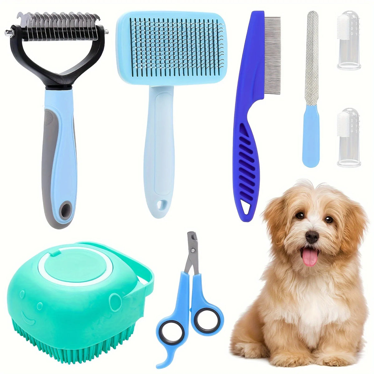 Kit toilettage chien 8 pièces bleu – brosse démêlante, ciseaux, coupe-ongles et brosse bain silicone