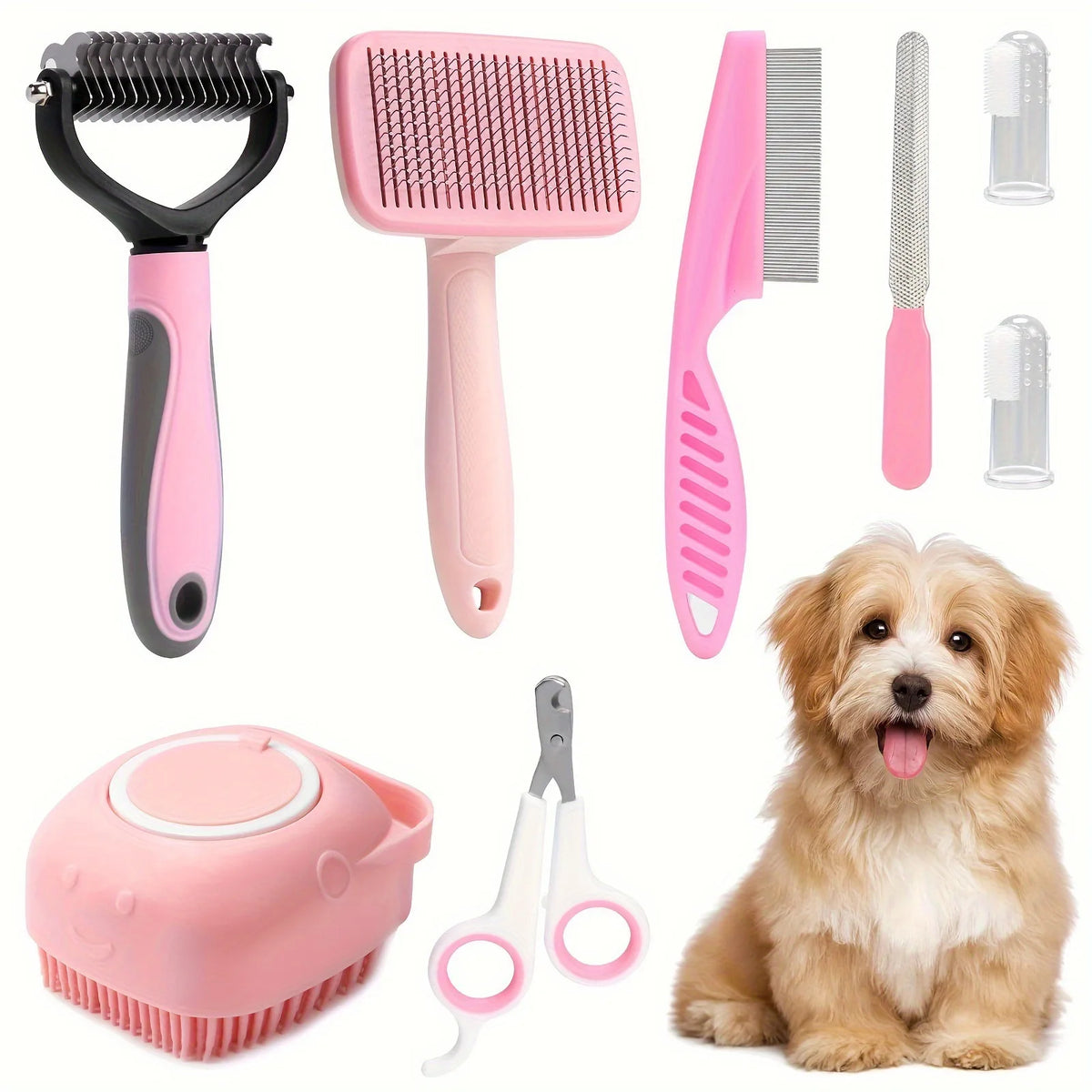 Kit toilettage chien 8 pièces rose – brosse démêlante, ciseaux, coupe-ongles, brosse bain et chiot Maltais