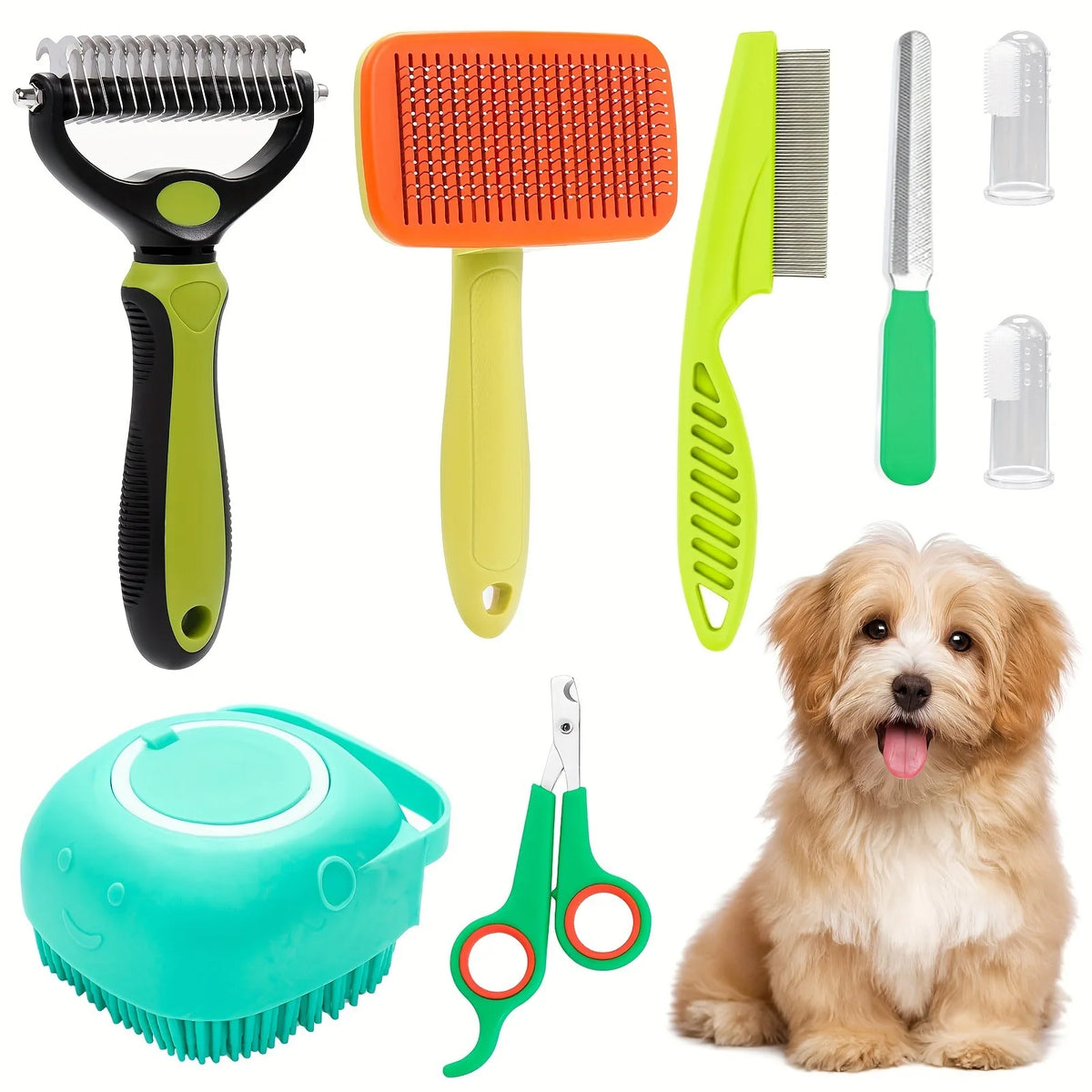 Kit toilettage chien 8 pièces vert – rake démêlant, brosse carrée, peigne, coupe-ongles et brosse bain