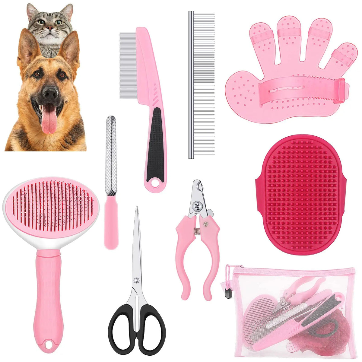 Kit toilettage 8 pièces bleu pour grand chien et chat – brosse, ciseaux, coupe-ongles, gant et trousse