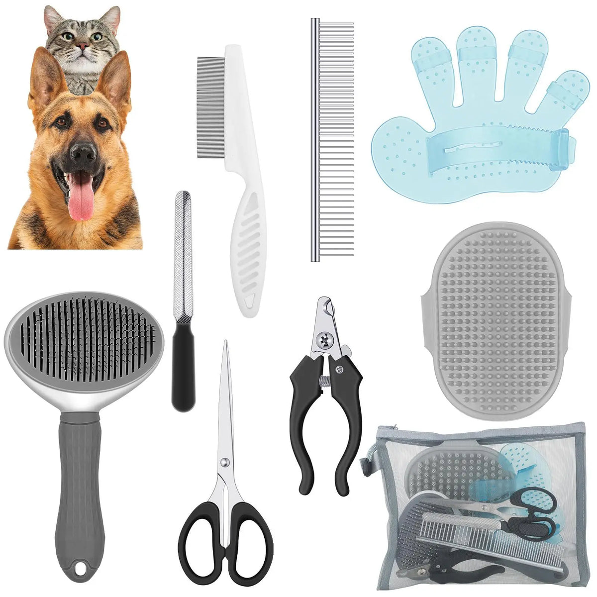 Kit toilettage 8 pièces gris pour grand chien et chat – brosse, ciseaux, coupe-ongles, gant et trousse