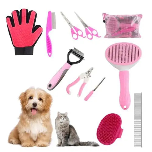 Kit toilettage chien et chat rose complet – brosse, ciseaux, rake démêlant, coupe-ongles et trousse